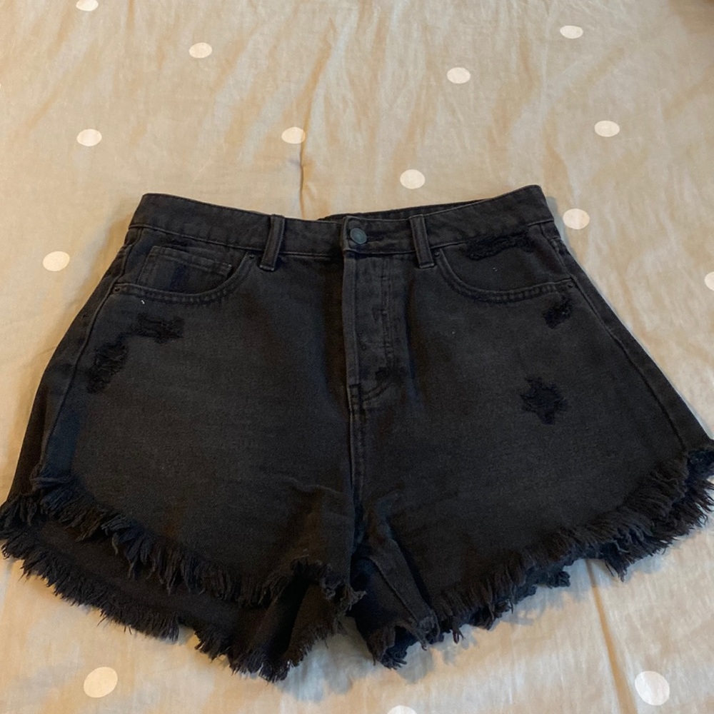 High rise distressed black shorts